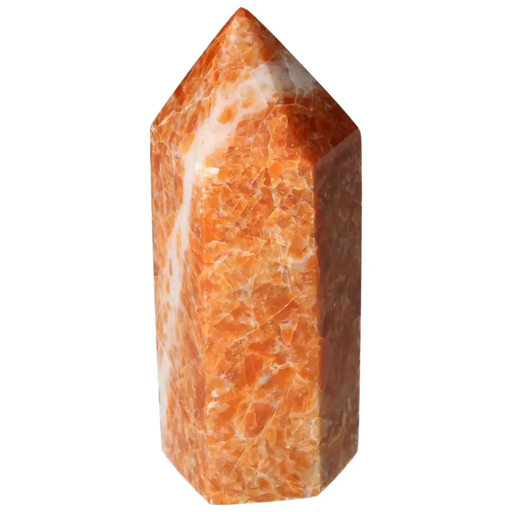 Orchid Calcite Obelisk with vibrant orange and cream hues, handcrafted for elegance and spiritual energy flow.