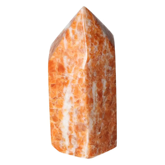 Orchid Calcite Obelisk with orange, peach, and white patterns, offered by Sylvia Crystals. Enhance elegance and spiritual energy.