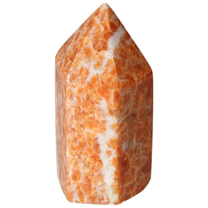 Orchid Calcite Obelisk with orange, peach, and white hues, handcrafted by Sylvia Crystals, showcasing unique natural patterns.