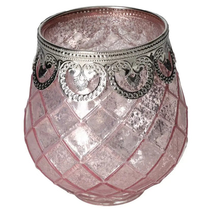 Elegant Pink Glass Lantern with intricate silver rim, offering a touch of conscious luxury and timeless design for tranquil spaces.