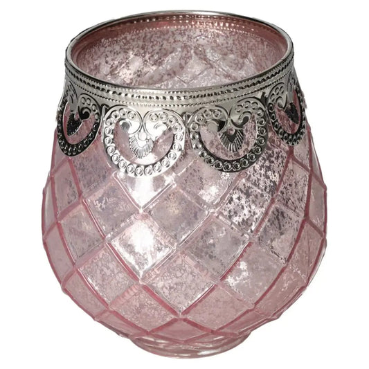 Elegant Pink Glass Lantern with intricate silver rim, offering a touch of conscious luxury and timeless design for tranquil spaces.