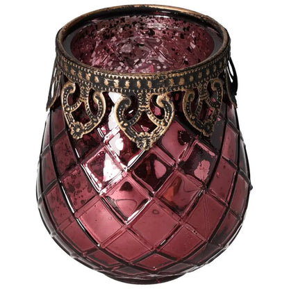 Elegant pink lantern with ornate metal rim, designed by Sylvia Crystals, perfect for adding luxury and warmth to any home decor.