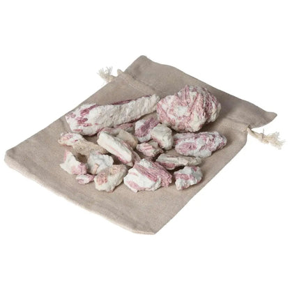 Pink Tourmaline stones, 0.5 KG, 10 pieces, on a cloth bag; symbolizing feminine energy and inner balance.