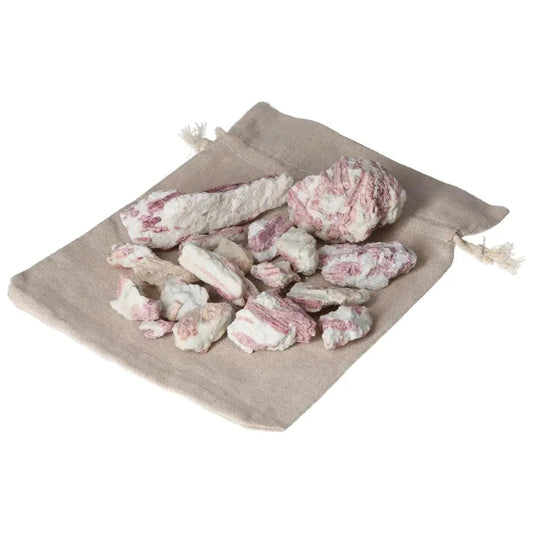 Pink Tourmaline stones, 0.5 KG, 10 pieces, on a cloth bag; symbolizing feminine energy and inner balance.