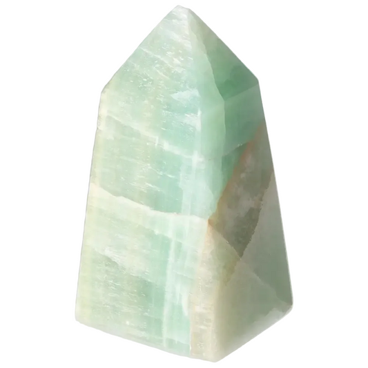 Pistachio Calcite Tower crystal with pale green hues, enhances calm and renewal, ideal for balance and harmony in any space.