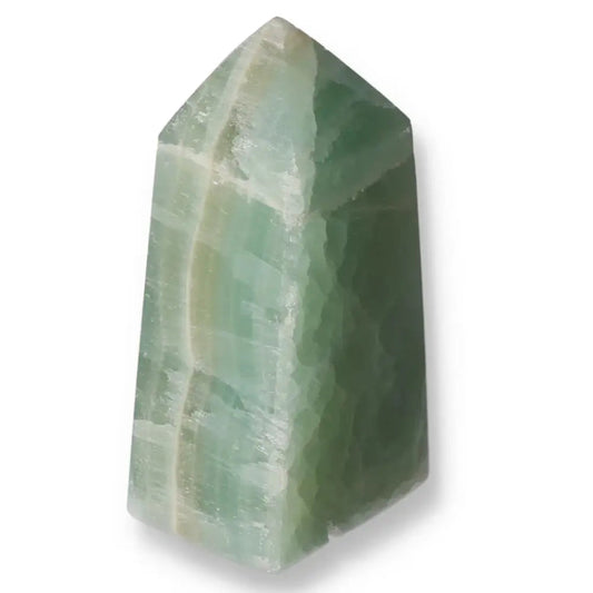 Pistachio Calcite Tower crystal with pale green hues for calming energy and balance, perfect for home decor and metaphysical use.