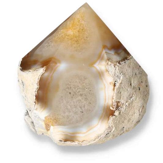 Polished Agate Point gemstone from Sylvia Crystals, showcasing natural patterns and serene energy harmonization.