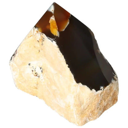 Polished Agate Point crystal by Sylvia Crystals, showcasing brown hues and natural texture for tranquility and harmony.