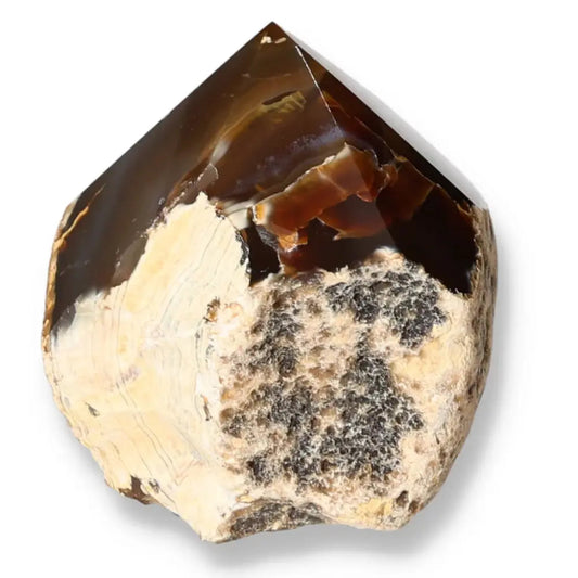 Close-up of a polished agate point, showcasing its rich colors and intricate patterns, ideal for meditation and energy harmonization.
