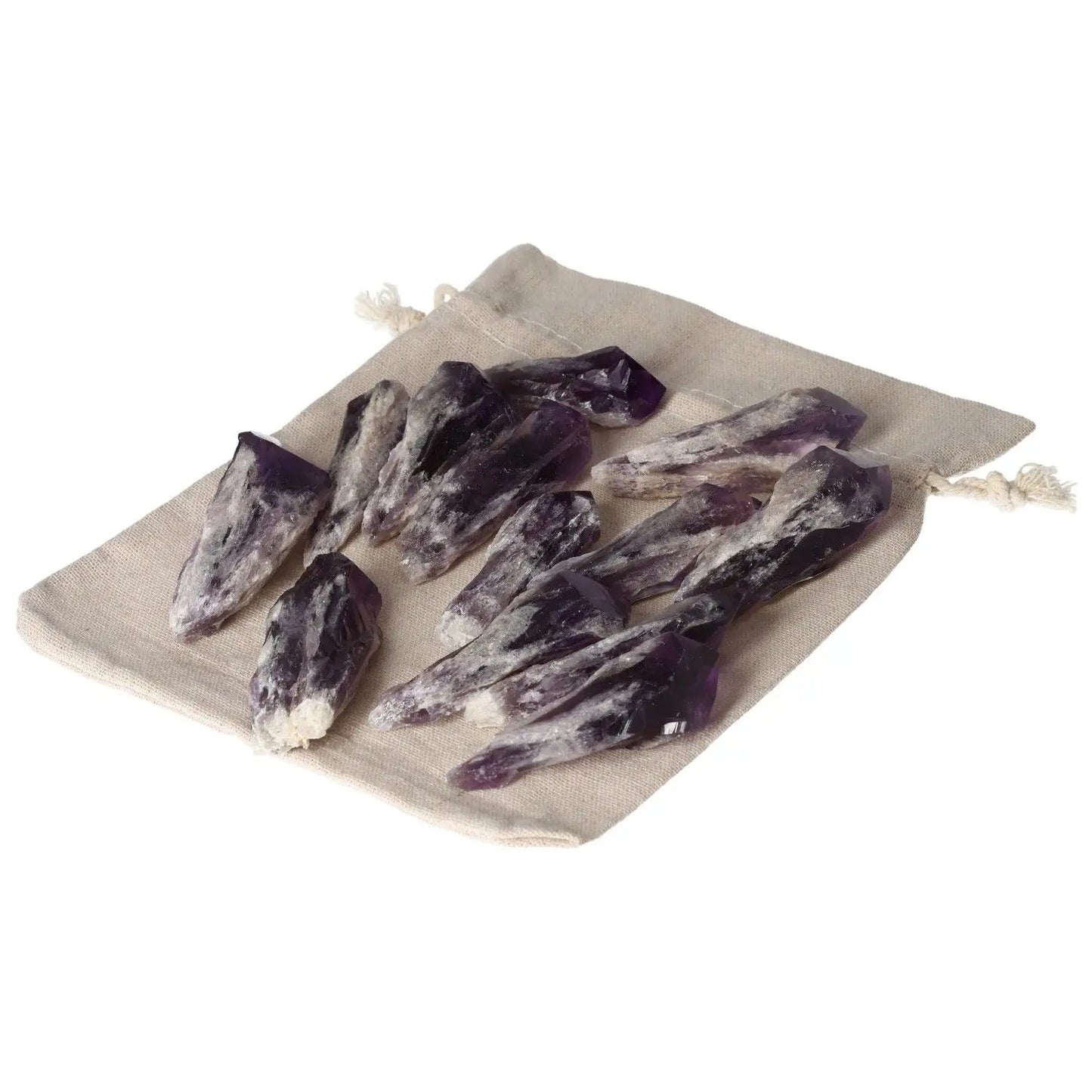 Collection of Amethyst Tips on a beige drawstring bag, ideal for stress relief and spiritual enhancement, by Sylvia Crystals.