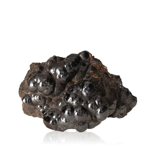 Polished botryoidal hematite crystal cluster with shimmering metallic surface