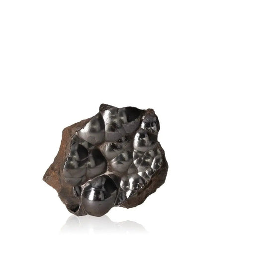 Polished Botryoidal Hematite crystal cluster, shimmering metallic surface, enhances grounding and emotional balance, wards off negativity.