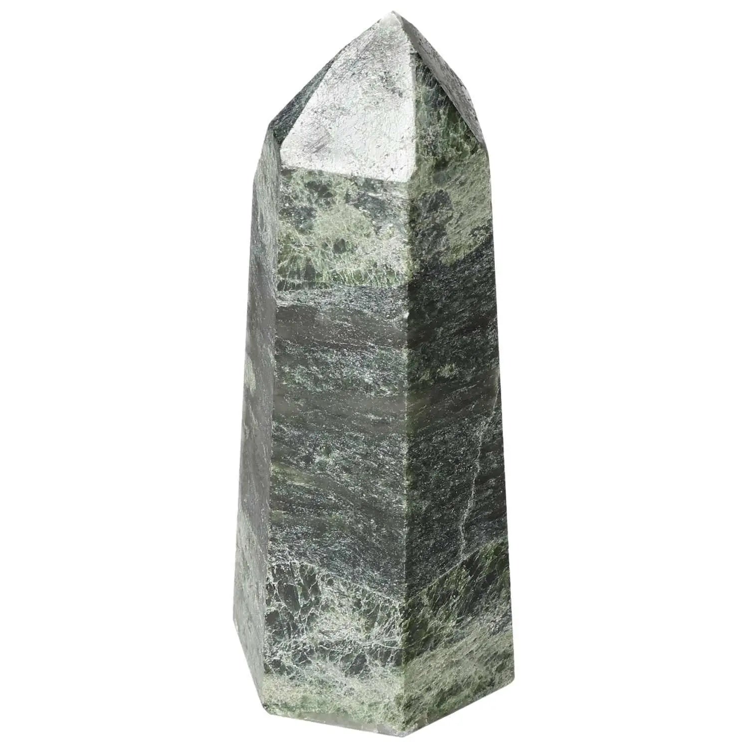 Polished Diopside Obelisk by Sylvia Crystals, vibrant green gemstone symbolizing creativity and healing, luxury spiritual decor piece.