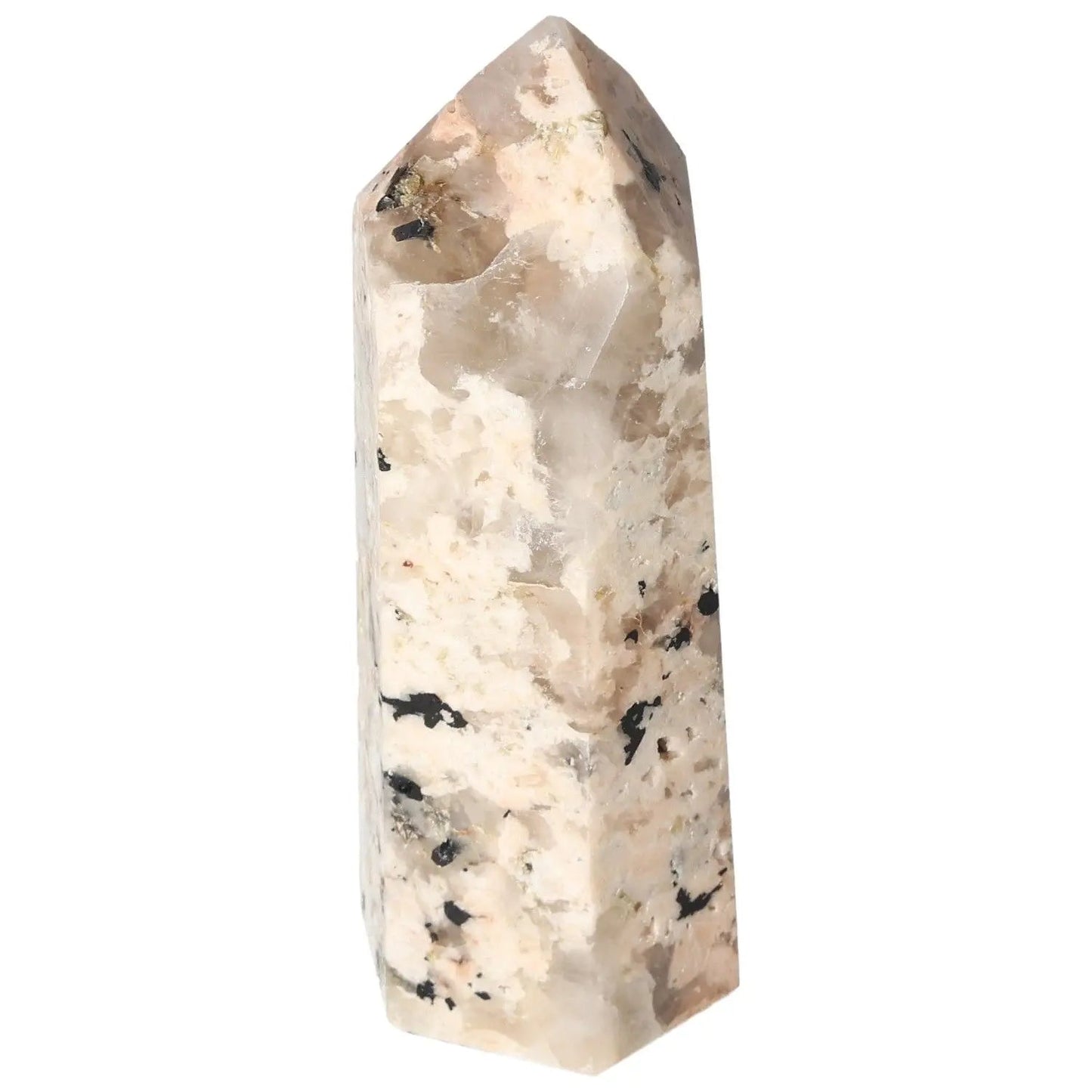 Polished Feldspar Quartz Tourmaline Obelisk emphasizing luxury and spiritual tranquility from Sylvia Crystals, enhancing creativity and balance.