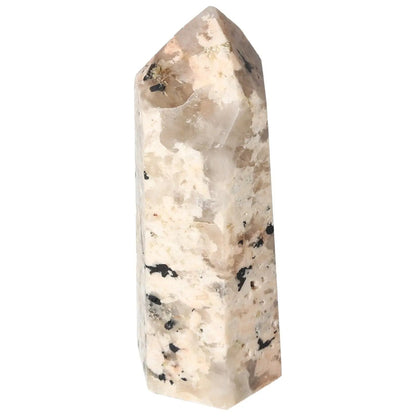 Polished Feldspar Quartz Tourmaline Obelisk emphasizing luxury and spiritual tranquility from Sylvia Crystals, enhancing creativity and balance.
