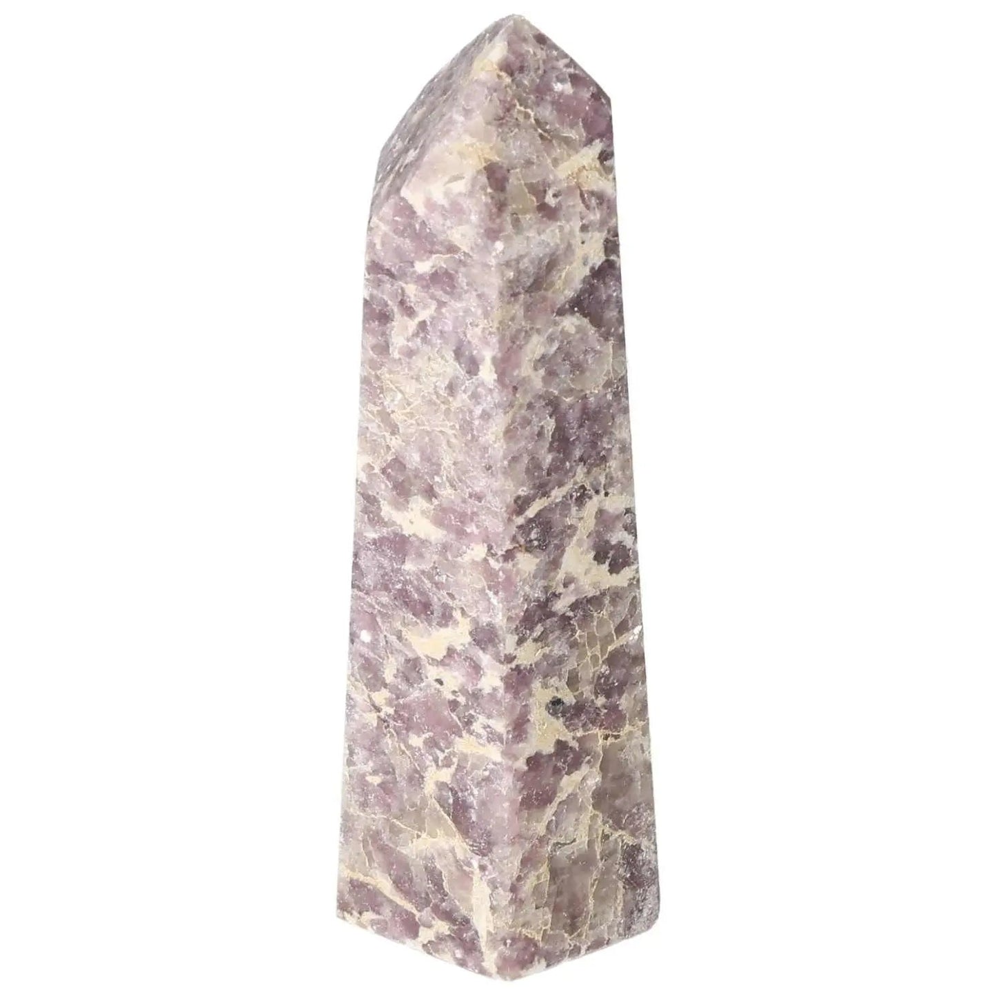 Polished Lepidolite Obelisk for tranquility and emotional balance from Sylvia Crystals, featuring soothing energies to reduce anxiety.