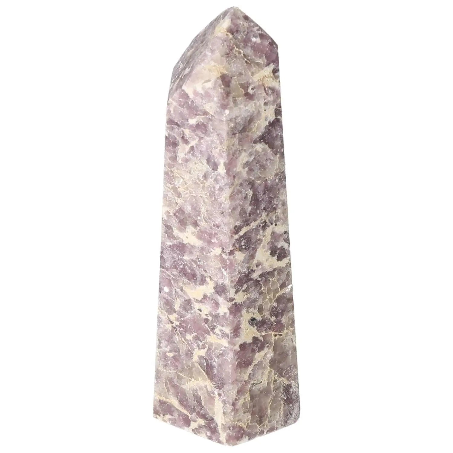 Polished Lepidolite Obelisk for tranquility and emotional balance from Sylvia Crystals, featuring soothing energies to reduce anxiety.