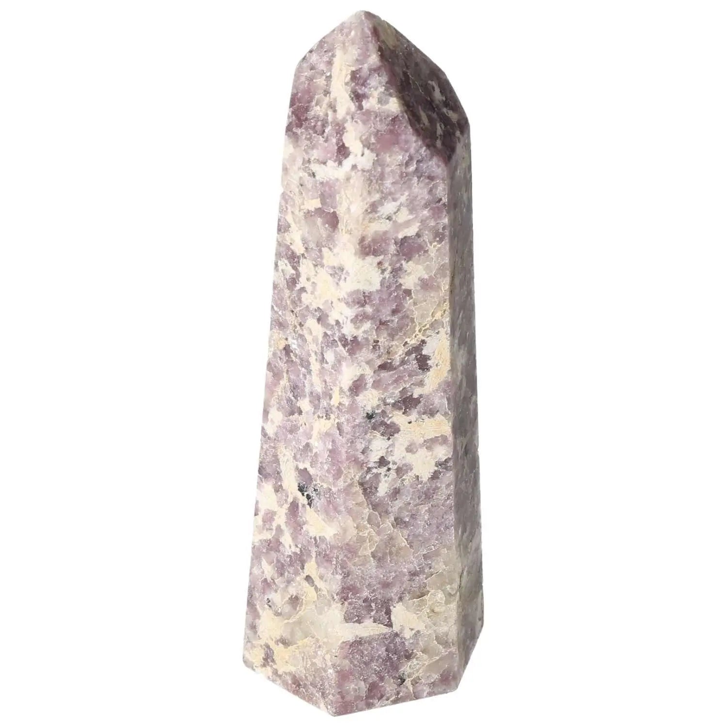 Polished Lepidolite Obelisk by Sylvia Crystals, a symbol of tranquility and emotional balance, featuring calming energies.