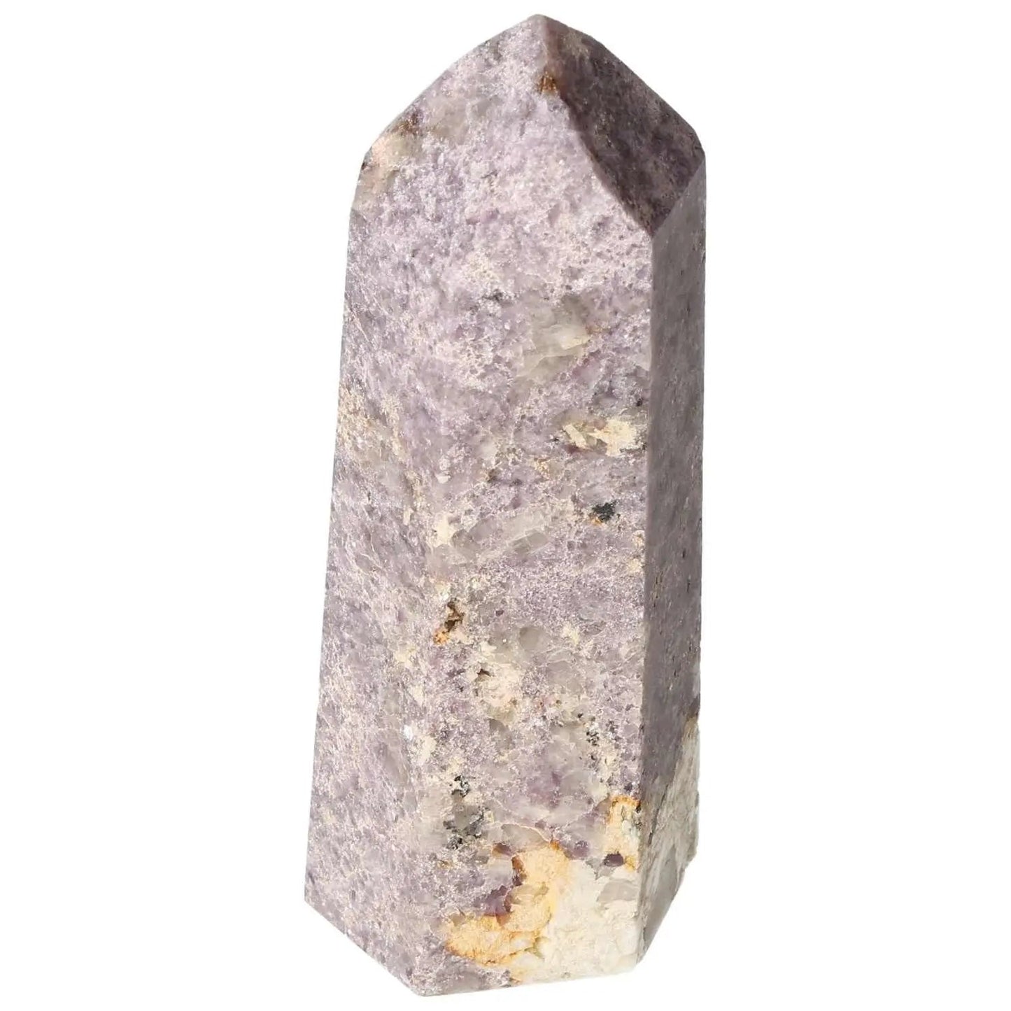 Polished Lepidolite Obelisk crystal for serenity and balance, featuring calming properties and exquisite design by Sylvia Crystals.
