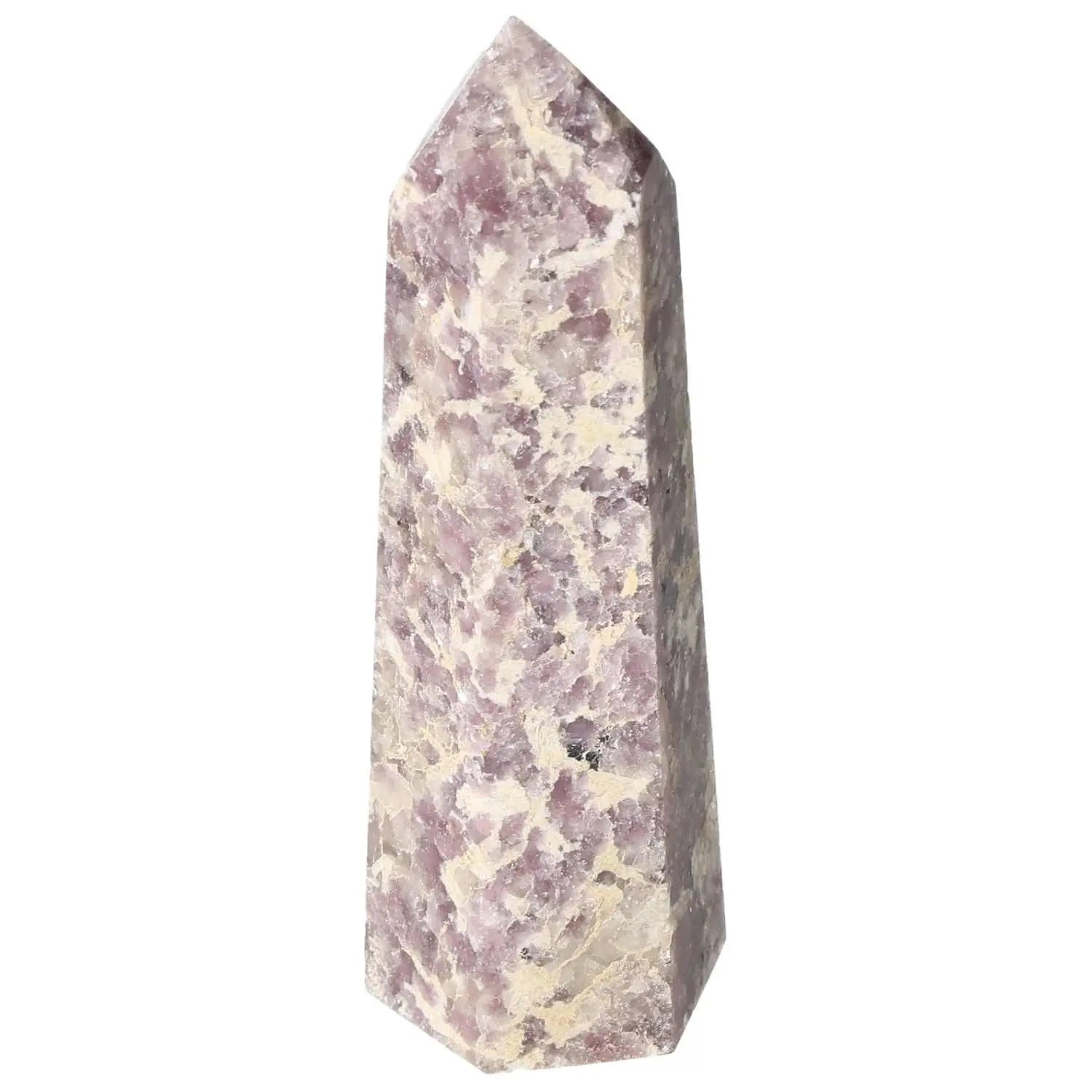 Polished Lepidolite Obelisk from Sylvia Crystals, symbolizing tranquility and emotional balance, perfect for anxiety relief and decor.