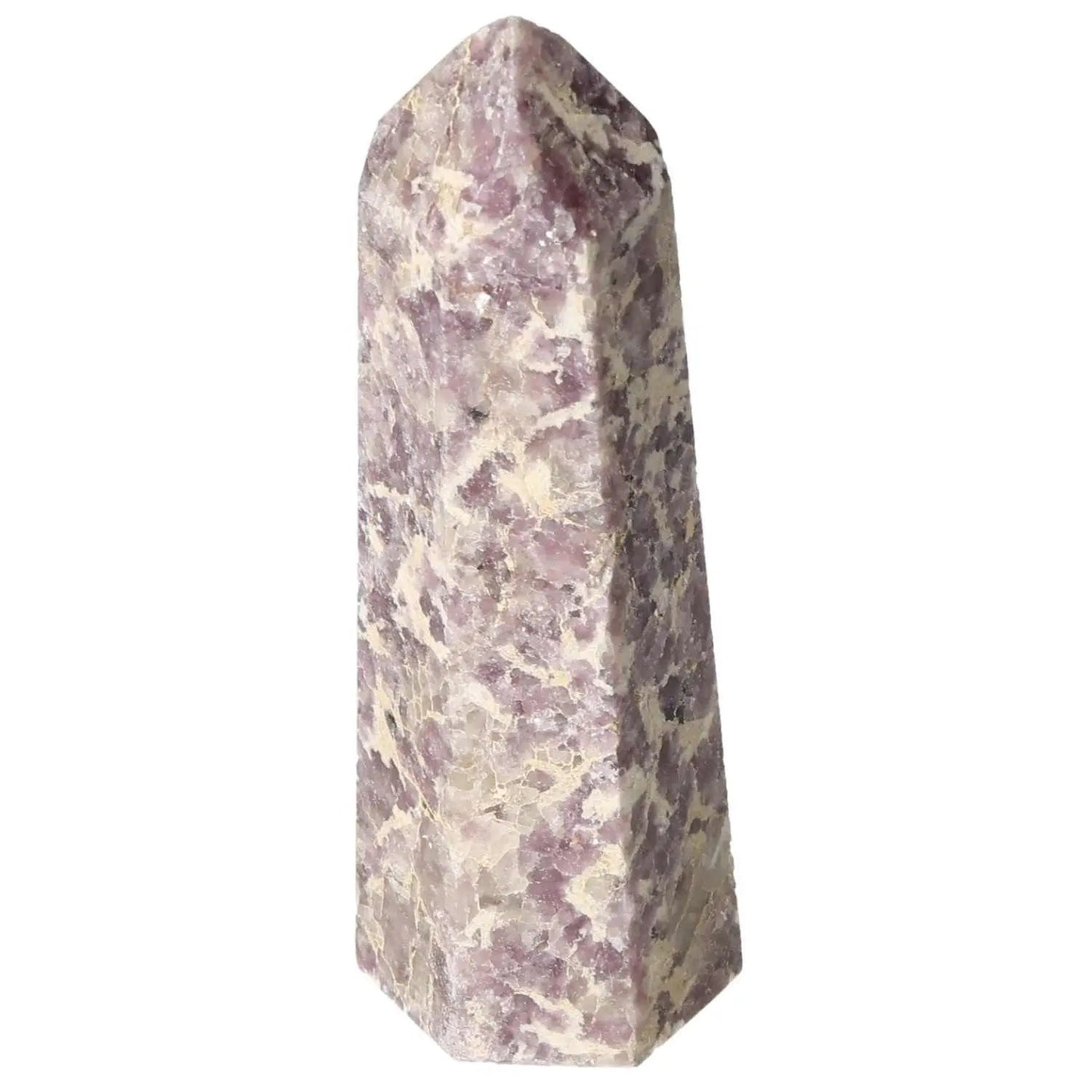 Polished Lepidolite Obelisk from Sylvia Crystals, symbolizing tranquility and emotional balance, offers calming and uplifting energies.