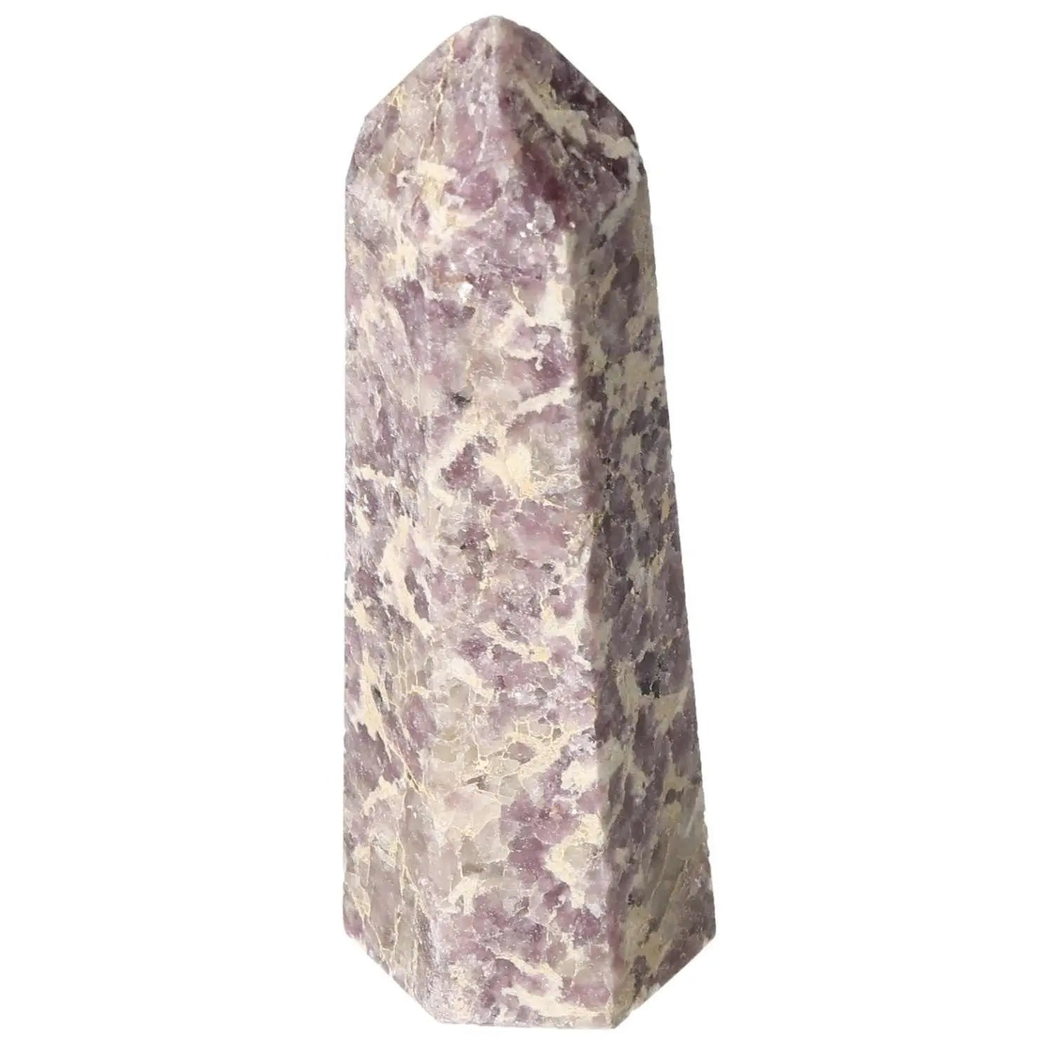 Polished Lepidolite Obelisk from Sylvia Crystals, symbolizing tranquility and emotional balance, offers calming and uplifting energies.