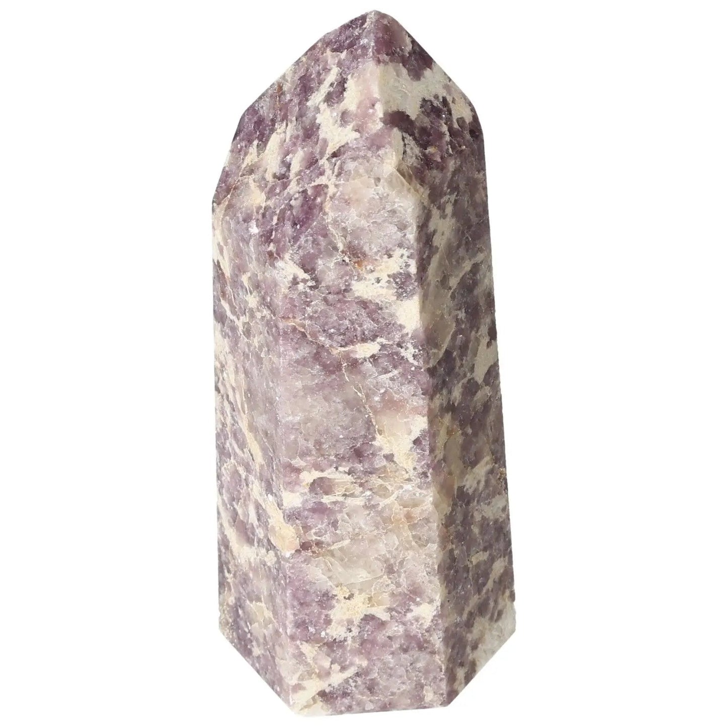 Polished Lepidolite Obelisk by Sylvia Crystals showcasing elegant patterns and hues, promoting spiritual tranquility and emotional harmony.