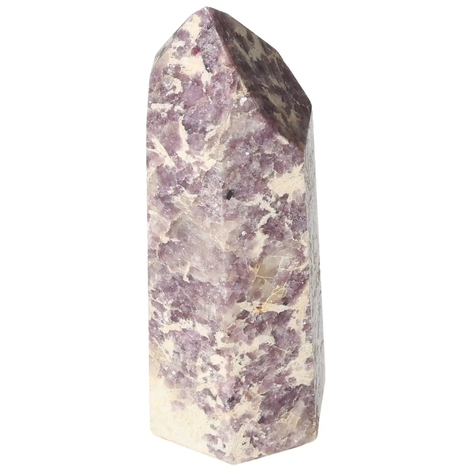 Polished Lepidolite Obelisk by Sylvia Crystals, showcasing purple hues and refined elegance for emotional harmony and spiritual tranquility.