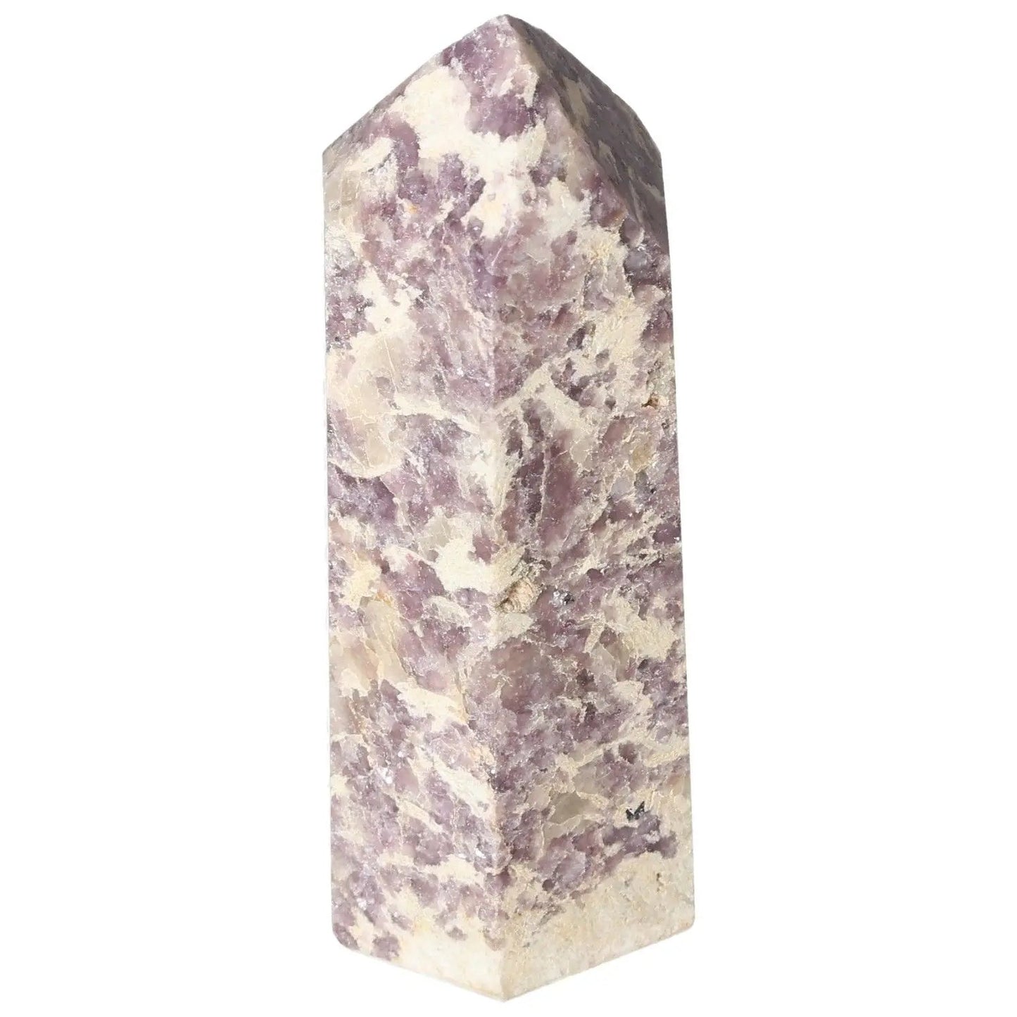 Polished Lepidolite Obelisk by Sylvia Crystals, showcasing elegant purple hues for emotional harmony and spiritual tranquility.