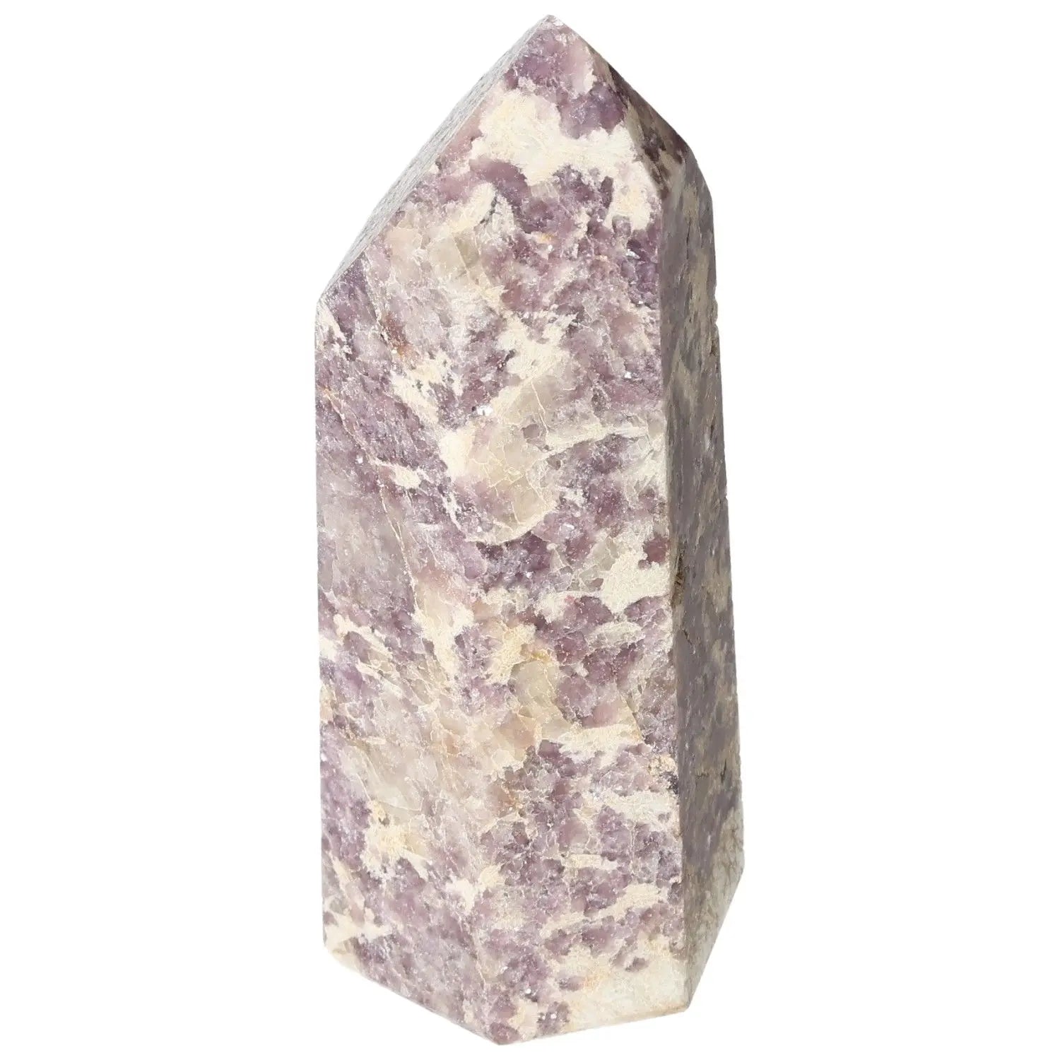 Polished Lepidolite Obelisk by Sylvia Crystals; promotes emotional harmony with calming properties, crafted for luxury and conscious living.