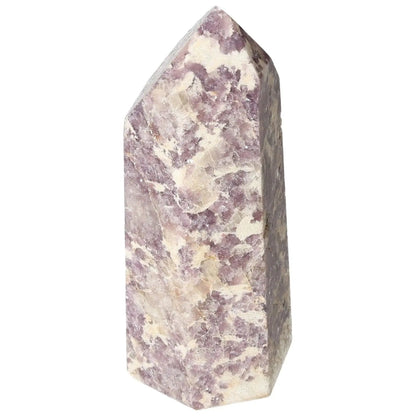 Polished Lepidolite Obelisk by Sylvia Crystals; promotes emotional harmony with calming properties, crafted for luxury and conscious living.