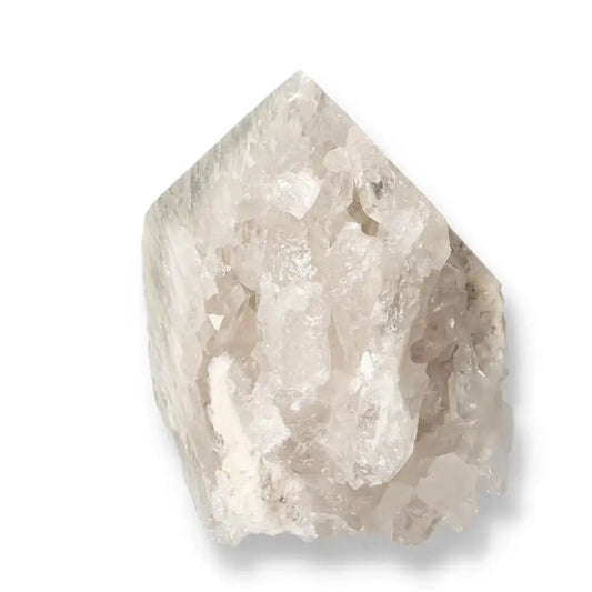 Polished Milky Quartz Point crystal by Sylvia Crystals, showcasing its elegant, spiritual energy and premium quality craftsmanship.