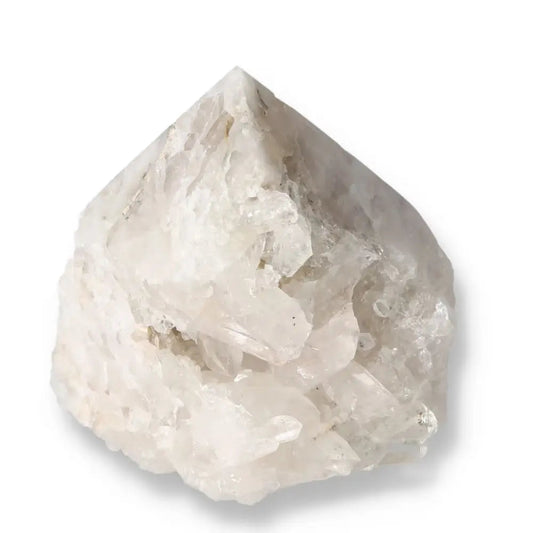 Polished Milky Quartz Point by Sylvia Crystals, known for peace, clarity, and spiritual growth; dispels negative energies.