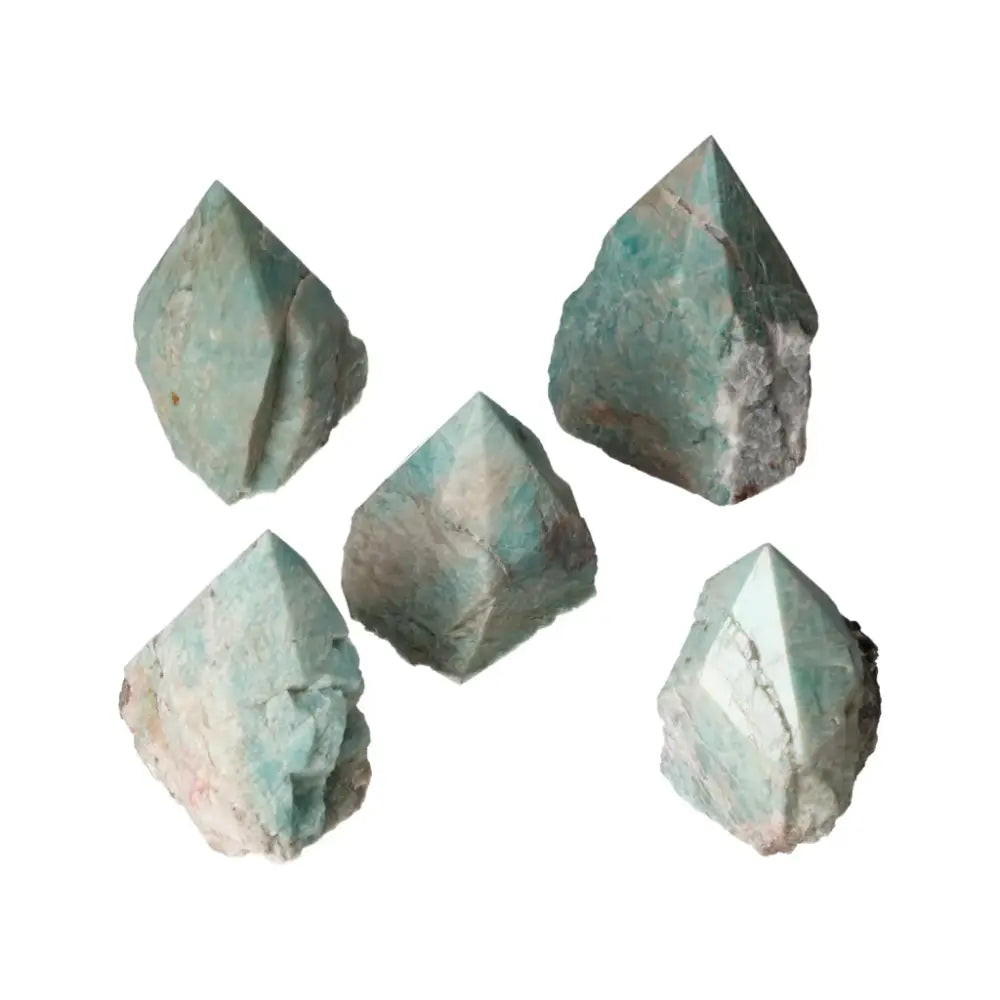 Polished Point Amazonite L stones from Sylvia Crystals showcasing luxury, harmony, and elegance in natural aquamarine hues.
