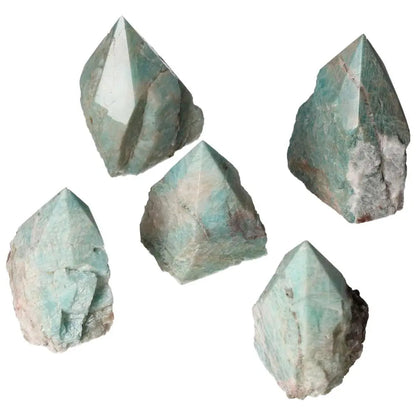 Polished Point Amazonite L crystals showcasing refined edges and luxurious quality, ideal for harmony and balancing emotions.