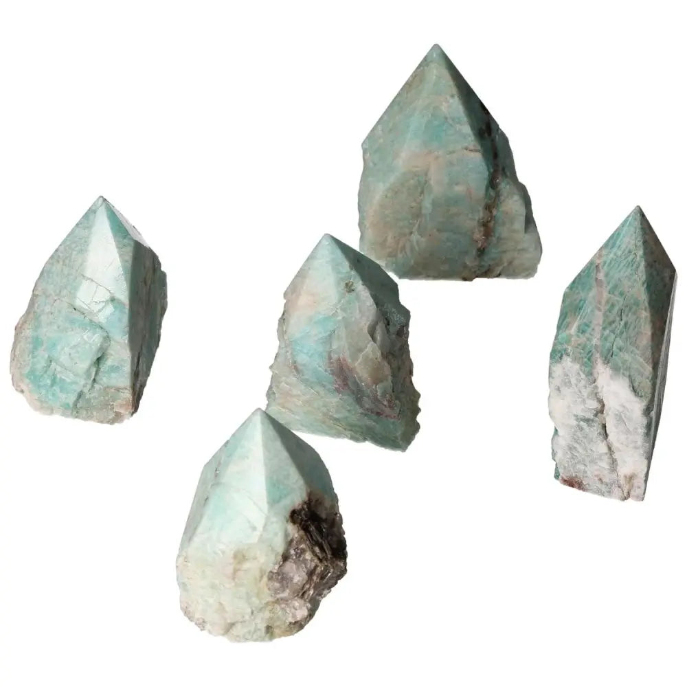 Polished Point Amazonite L crystals in a group, showcasing premium quality and harmonious properties from Sylvia Crystals.