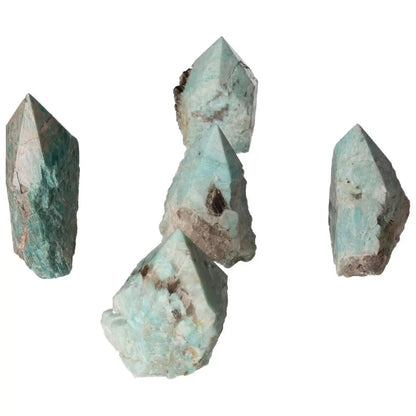 Five polished Amazonite crystal points showcasing natural beauty and refined elegance.