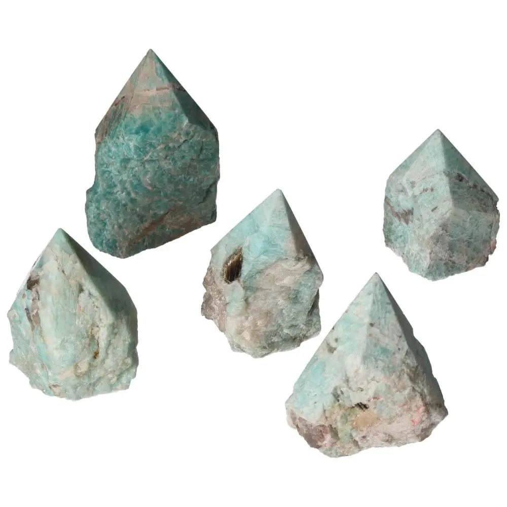 Collection of polished Amazonite crystal points displaying their natural hues and textures.