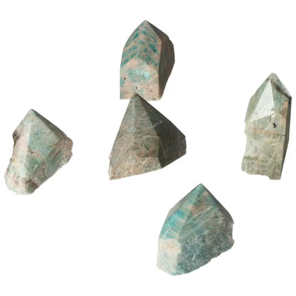 Polished Point Amazonite crystals from Sylvia Crystals, showcasing serene elegance and calming energy for inner peace.