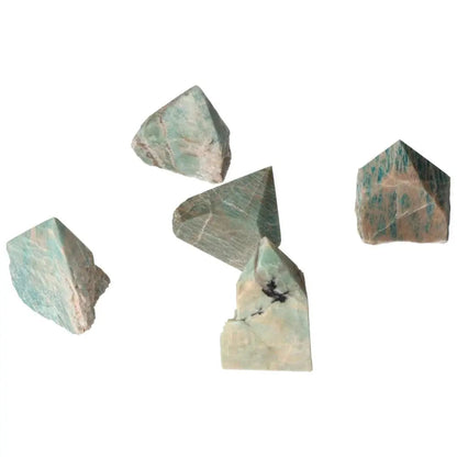 Polished Point Amazonite M crystals by Sylvia Crystals, showcasing serene green hues for calming and balancing energies.