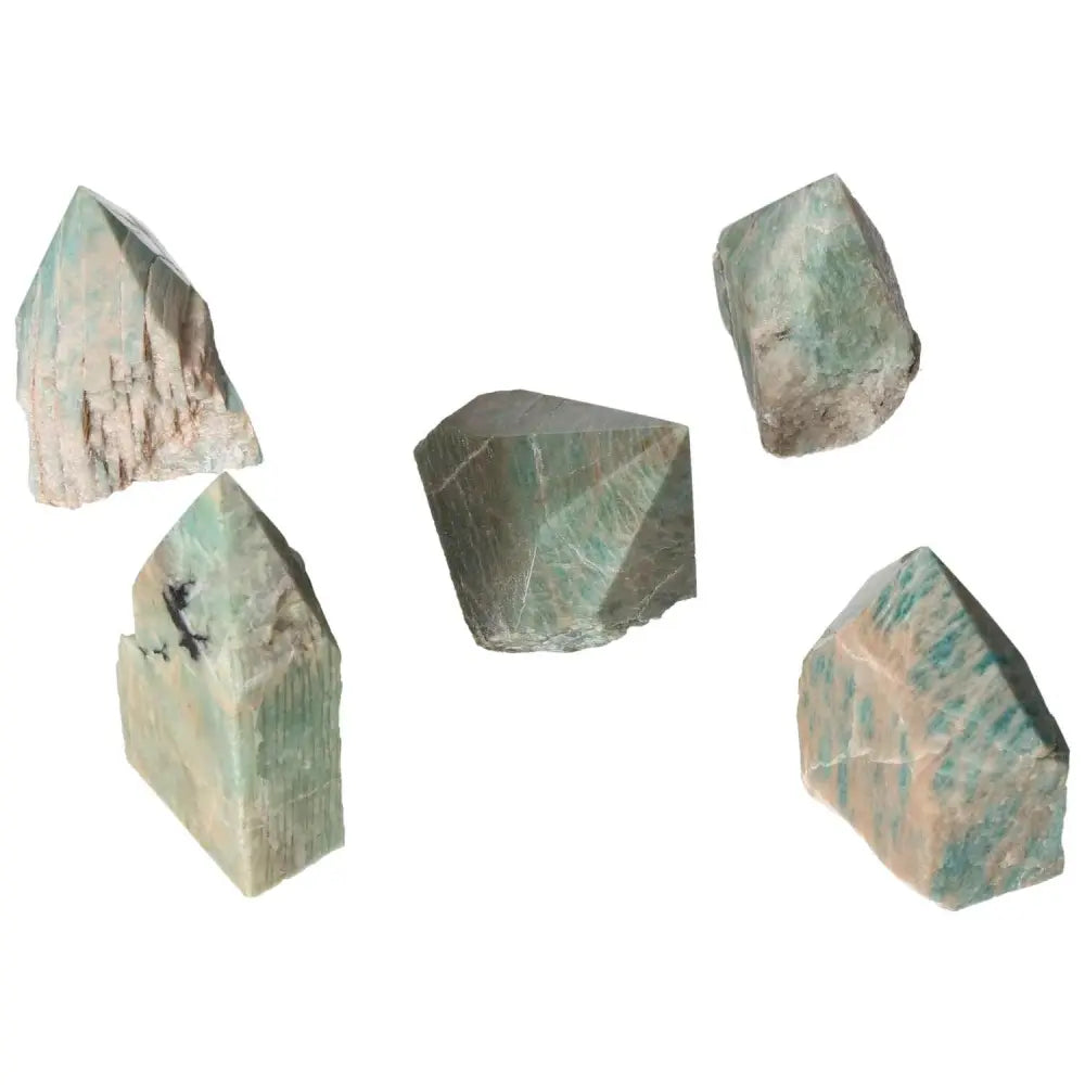 Polished Point Amazonite crystals showcasing serene elegance and calming properties from Sylvia Crystals collection.