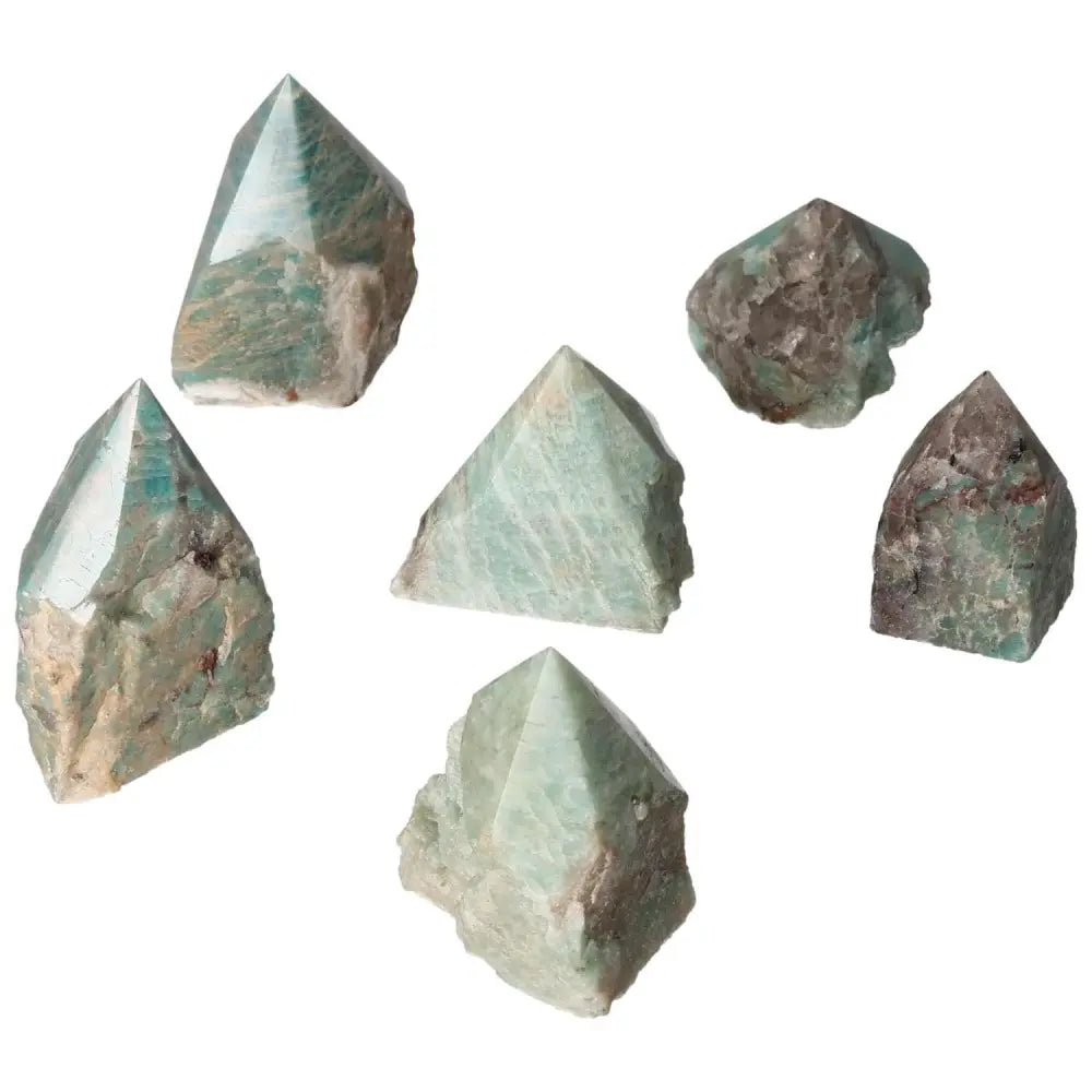Collection of Polished Point Amazonite S crystals showcasing unique textures and harmonizing energy, ideal for spiritual decor.