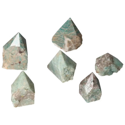 Polished Point Amazonite S crystals showcasing luxury handpicked by Sylvia Crystals, known for calming energy and spiritual harmony.