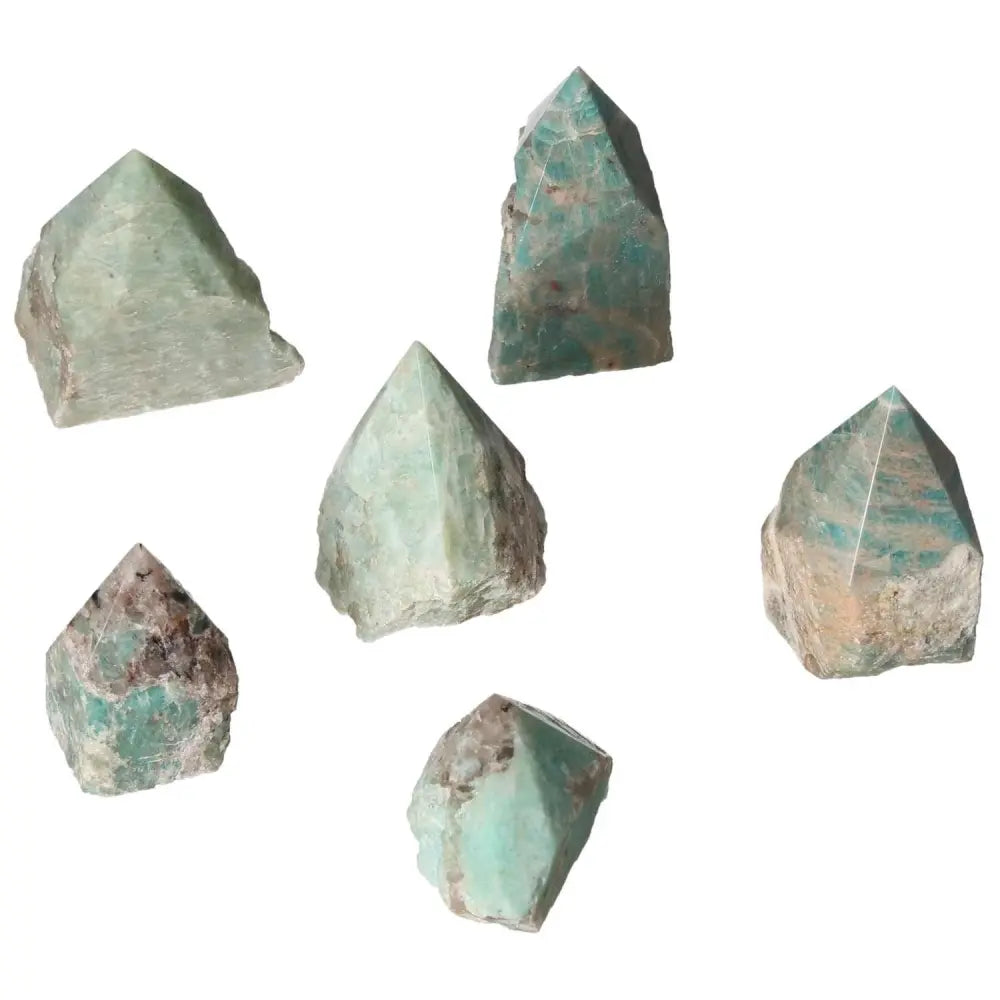 Polished Point Amazonite S crystals, promoting tranquility and security, from Sylvia Crystals' exquisite luxury collection.