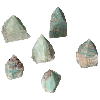 Polished Point Amazonite S crystals, promoting tranquility and security, from Sylvia Crystals' exquisite luxury collection.
