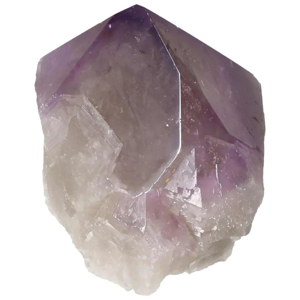 Polished point amethyst crystal by Sylvia Crystals, known for stress relief and energy enhancement.