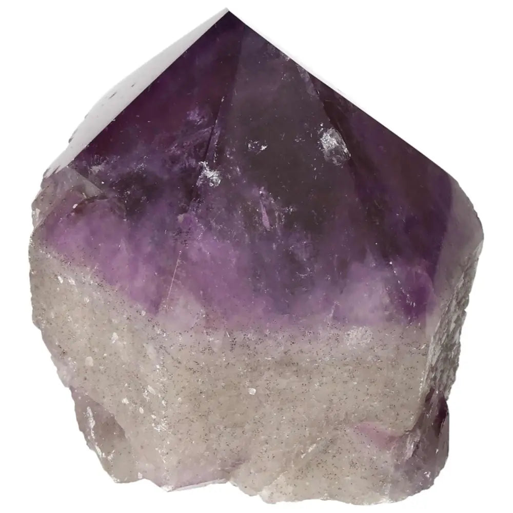 Polished Point Amethyst crystal by Sylvia Crystals, known for stress relief and positive energy, showcasing its vibrant beauty.
