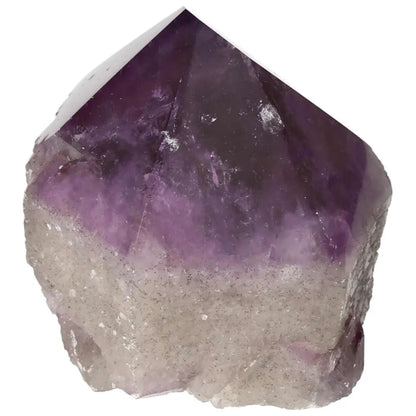 Polished Point Amethyst crystal by Sylvia Crystals, known for stress relief and positive energy, showcasing its vibrant beauty.