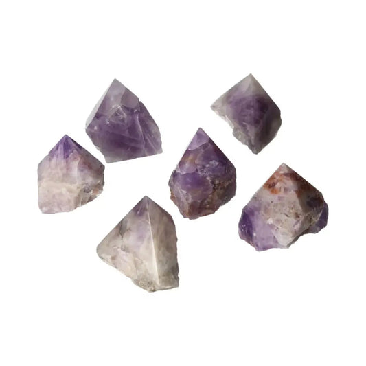 Polished Point Chevron Amethyst crystals with unique patterns, showcasing luxury and energy from Sylvia Crystals, ideal for collection.