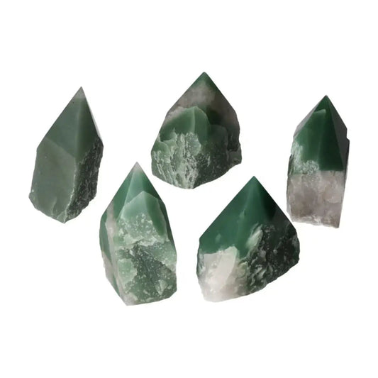Polished Point Green Quartz Bi-Color L stones by Sylvia Crystals, showcasing vibrant hues and a smooth, lustrous finish for elegance.